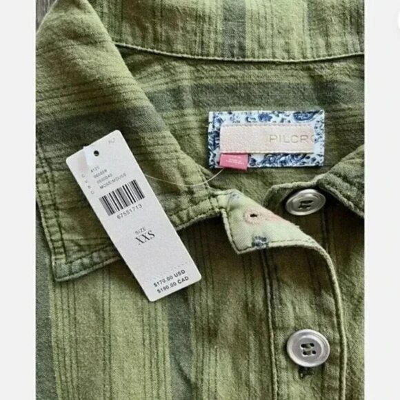 Pilcro Linen Belted Romper Jumpsuit Moss Green Stripe Size XXS NWT Anthropologie - Picture 3 of 7